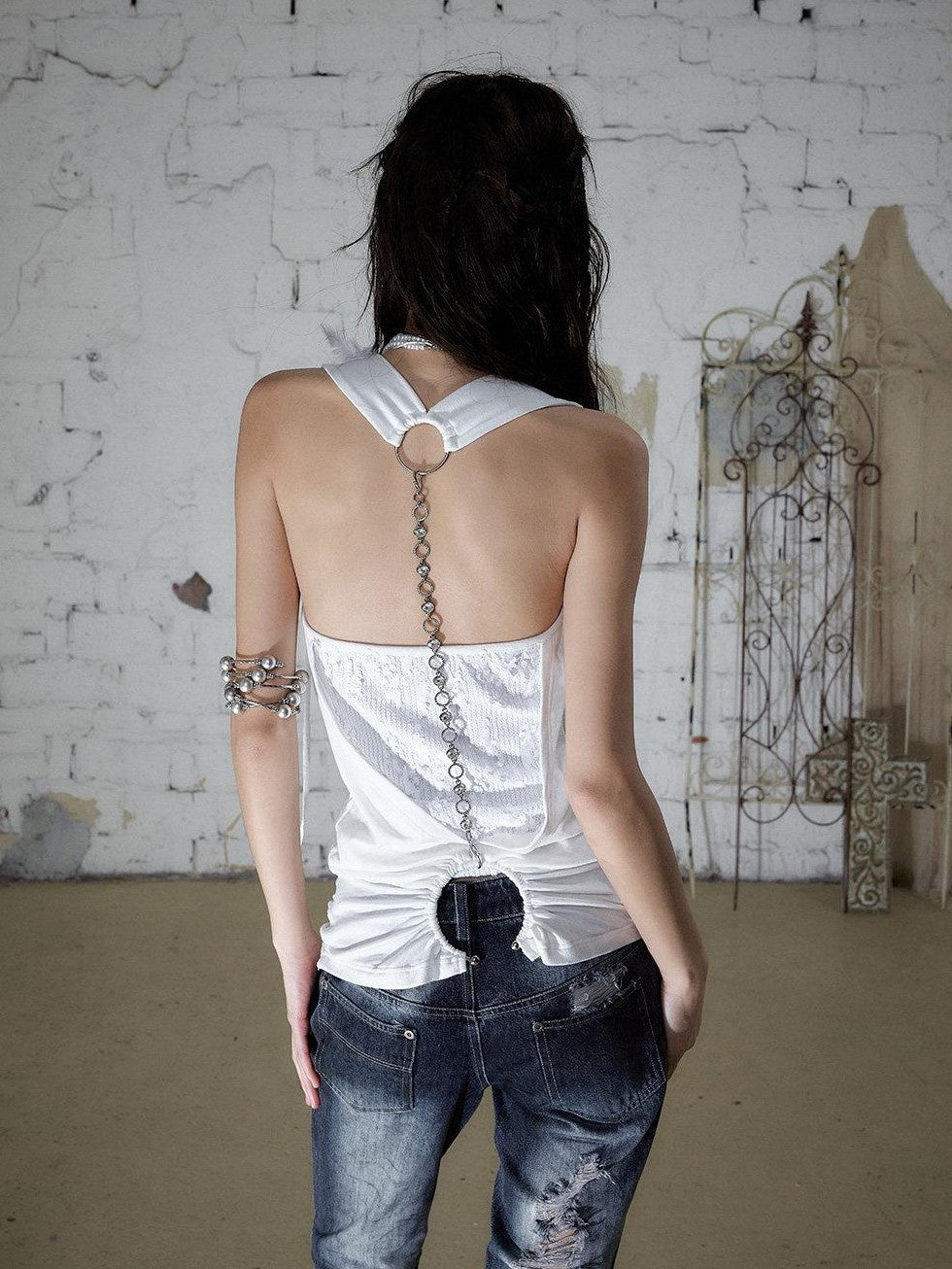 NO ROMANCE Punk Sequins Tassel Rhinestone Chain Faux Two Piece Women&