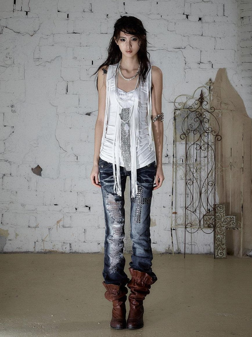 NO ROMANCE Punk Sequins Tassel Rhinestone Chain Faux Two Piece Women&