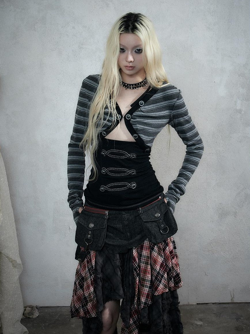 NO ROMANCE Punk Striped V-neck Faux Layered Slim Fit Knit Women&