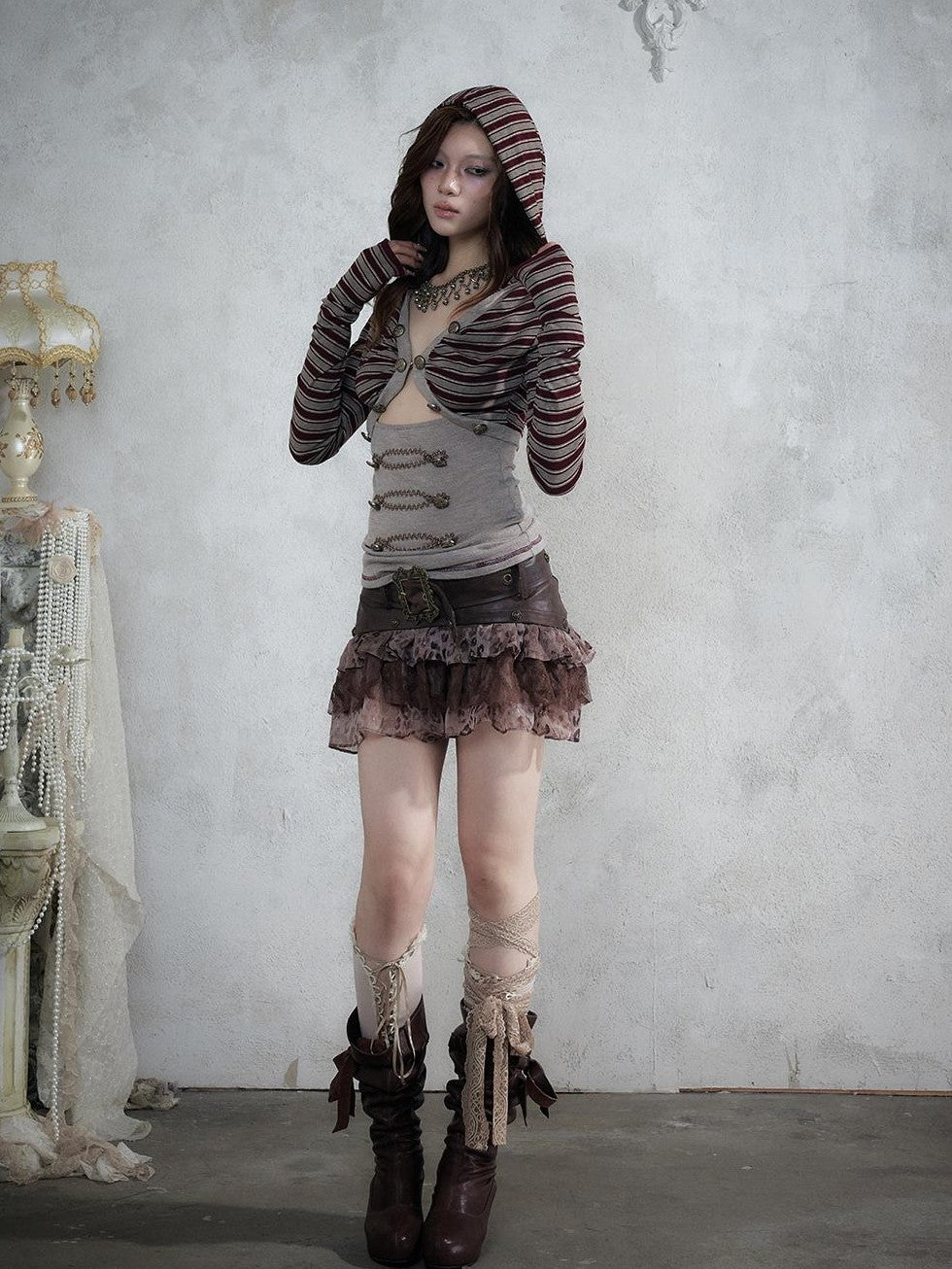 NO ROMANCE Punk Striped V-neck Faux Layered Slim Fit Knit Women&