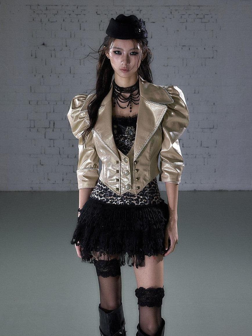 NO ROMANCE Punk Studded Metal Embellished Bubble Sleeve Cropped Women&
