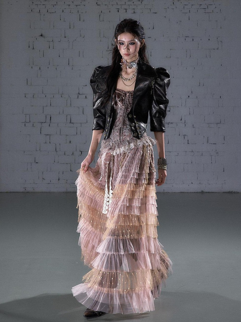 NO ROMANCE Punk Studded Metal Embellished Bubble Sleeve Cropped Women&