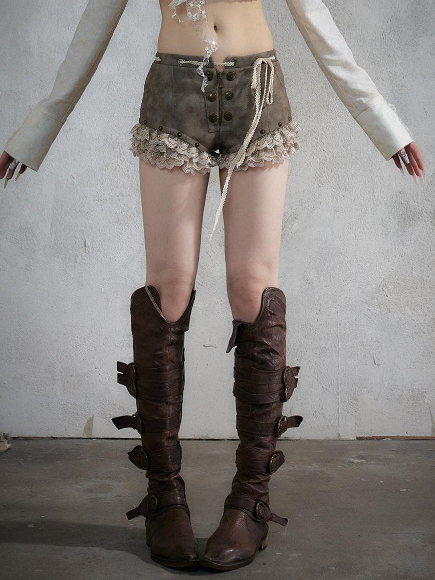 NO ROMANCE Punk Vintage Lace Trim Low Waist Slim Women&