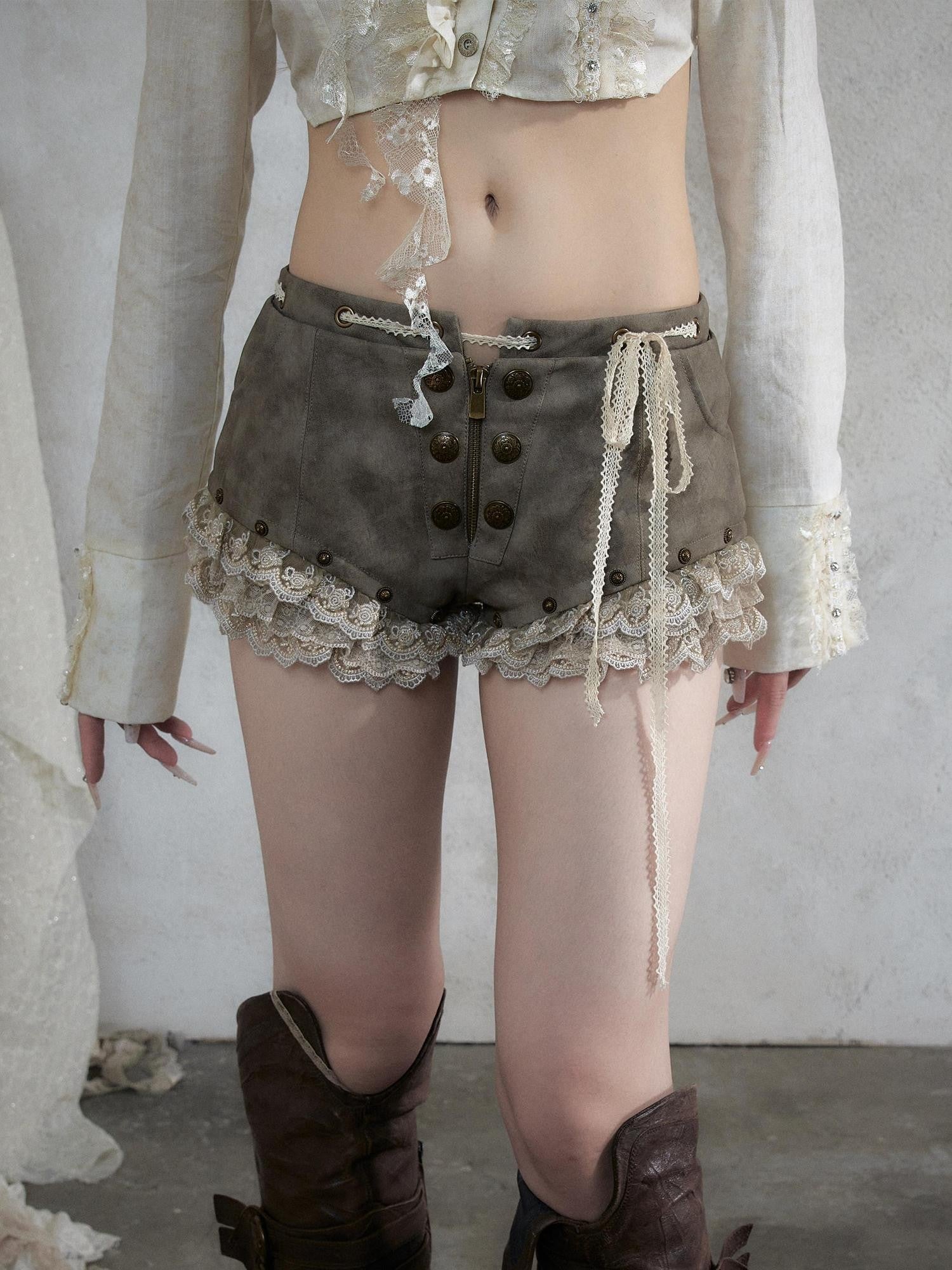 NO ROMANCE Punk Vintage Lace Trim Low Waist Slim Women&