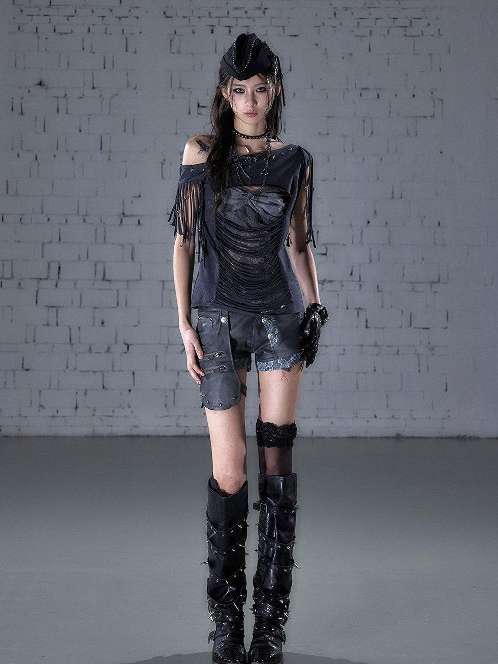 NO ROMANCE Punk Y2k Lace Fringe Beaded Asymmetric One Shoulder Women&