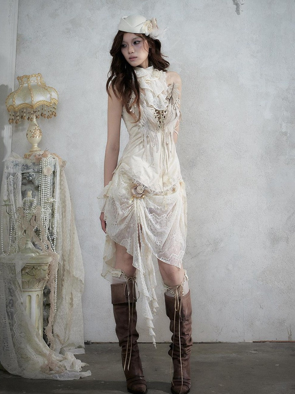 NO ROMANCE Regal Knight 3d Wing Embroidery Lace Up Women&
