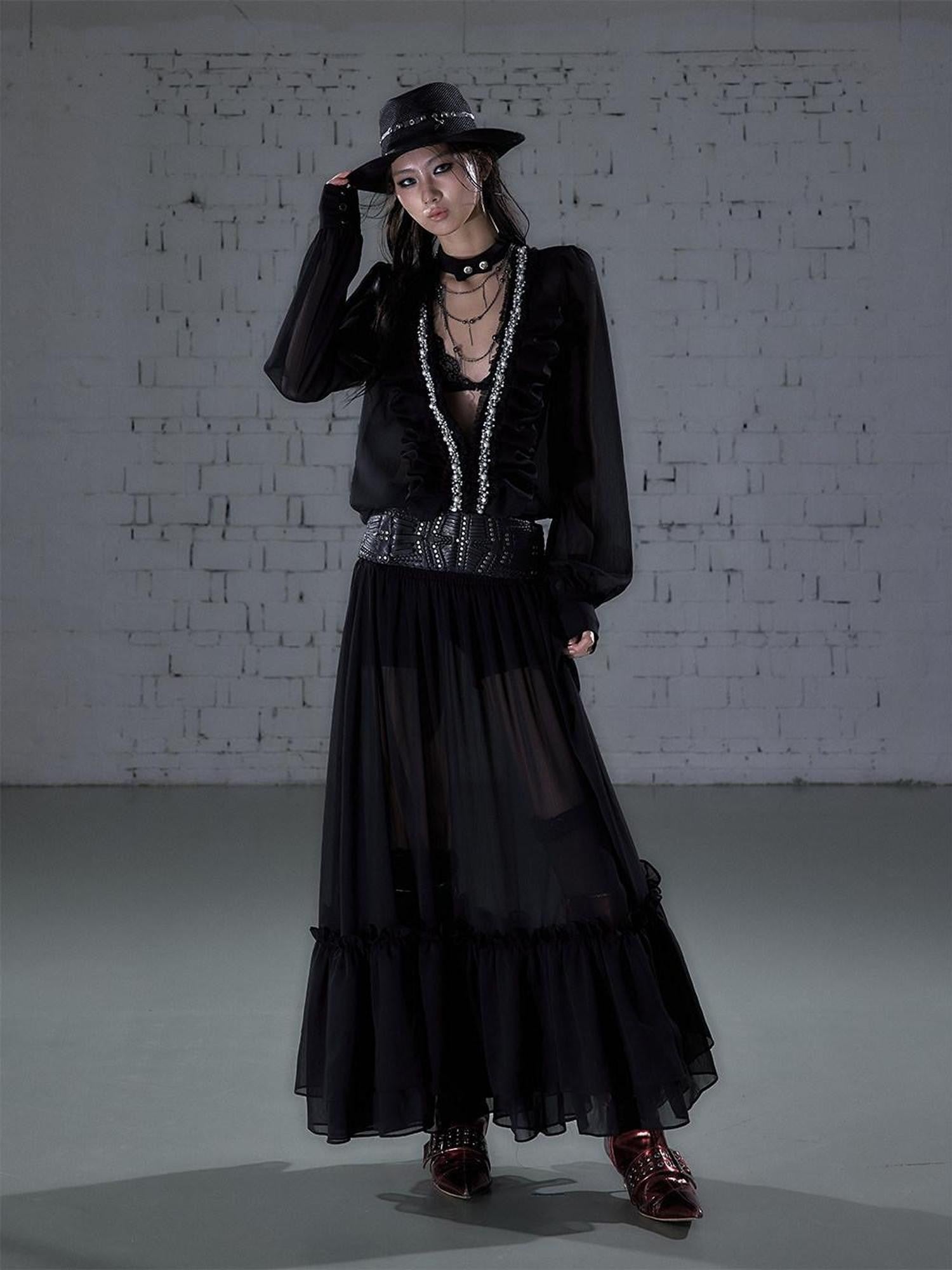NO ROMANCE Regal Pleated V-neck A Line Women&