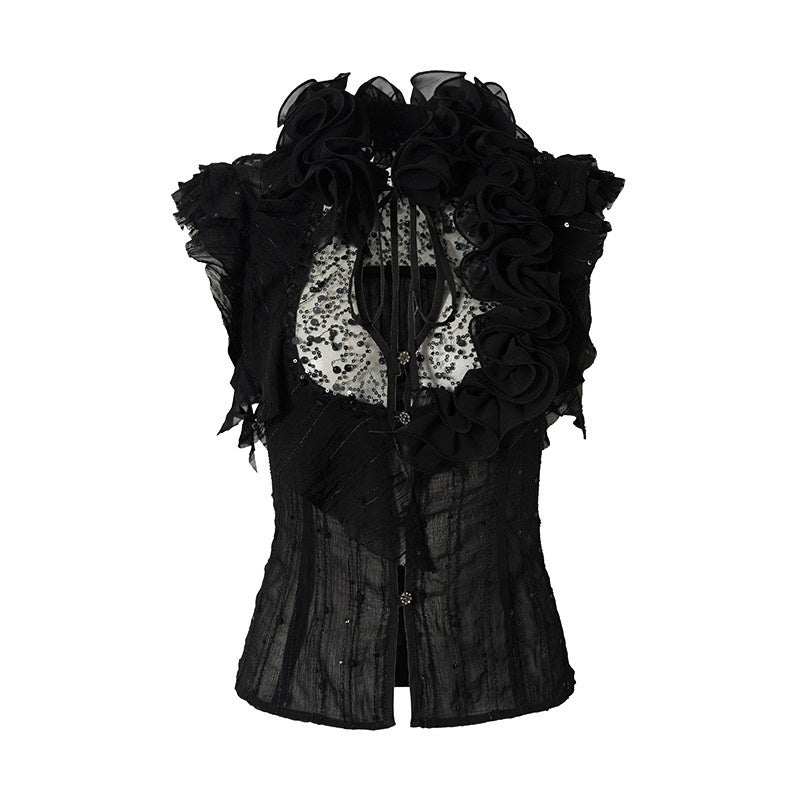 NO_ROMANCE_Regal_Ruffled_Sequin_Spliced_Tie_Neck_Cinched_Waist_Women&
