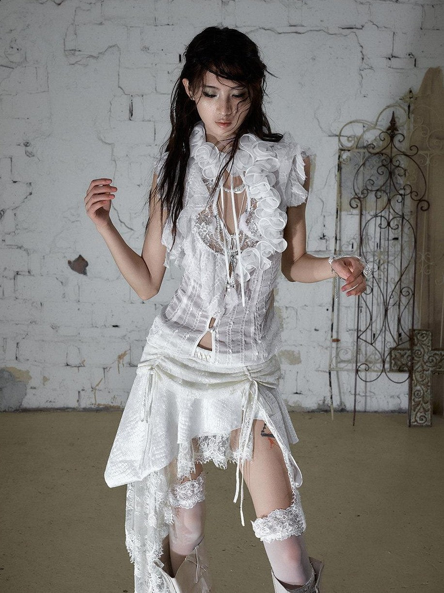 NO ROMANCE Regal Ruffled Sequin Spliced Tie Neck Cinched Waist Women&