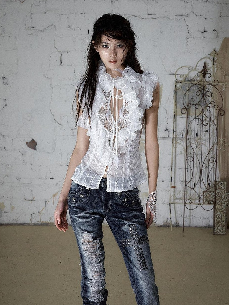 NO ROMANCE Regal Ruffled Sequin Spliced Tie Neck Cinched Waist Women&