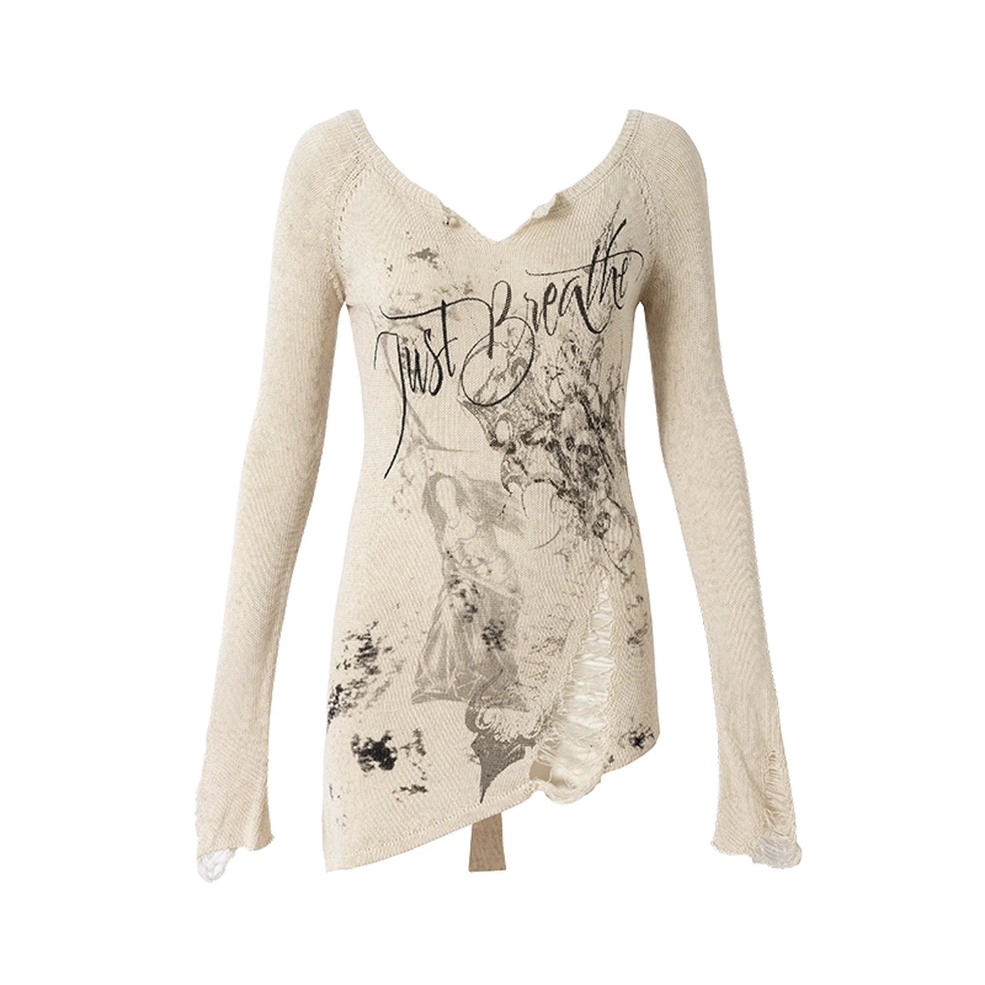 NO_ROMANCE_Reversible_Ripped_Punk_Style_V_Neck_Slim_Fit_Long_Sleeve_Women_Graphic_T-Shirt_MISSTT