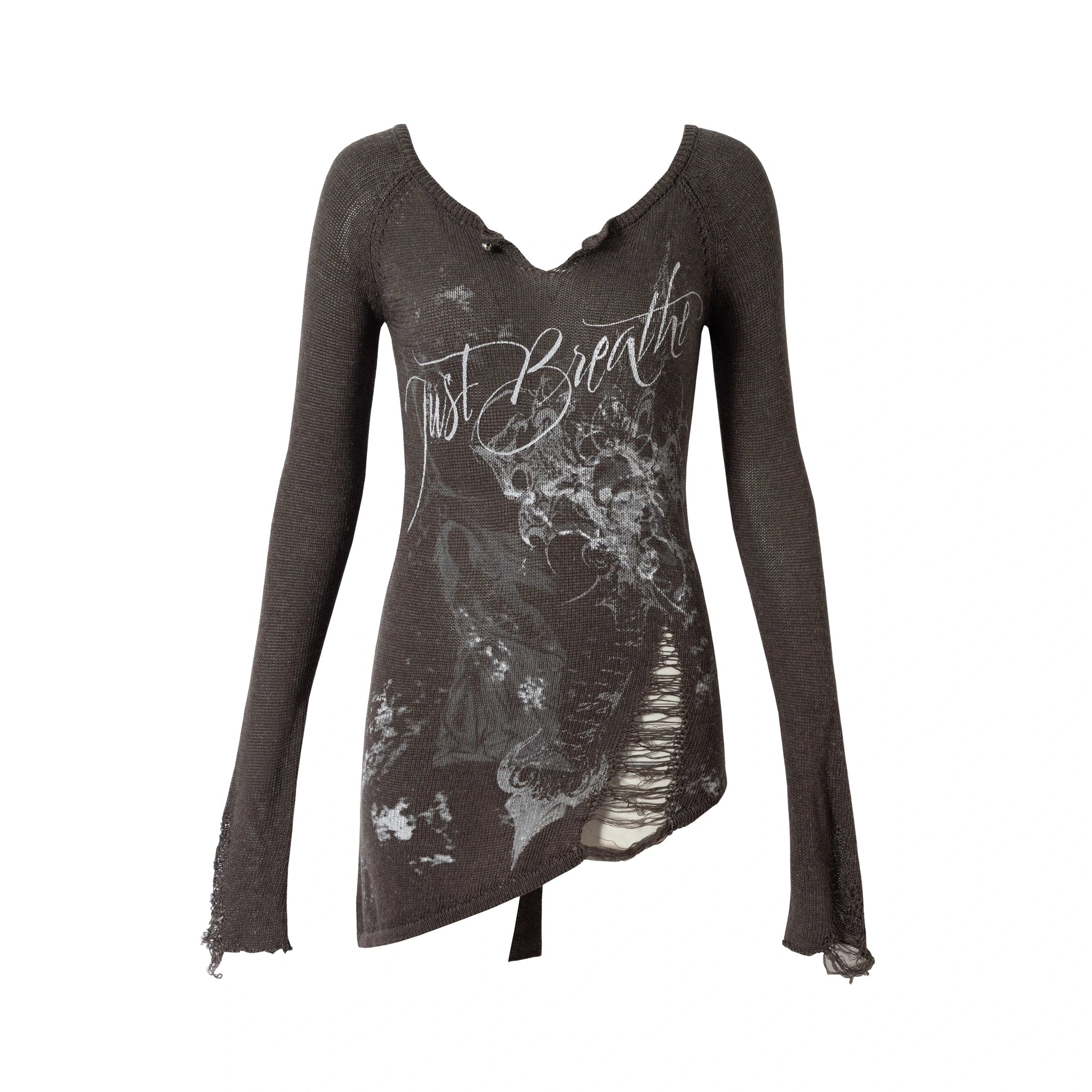 NO_ROMANCE_Reversible_Ripped_Punk_Style_V_Neck_Slim_Fit_Long_Sleeve_Women_Graphic_T-Shirt_MISSTT