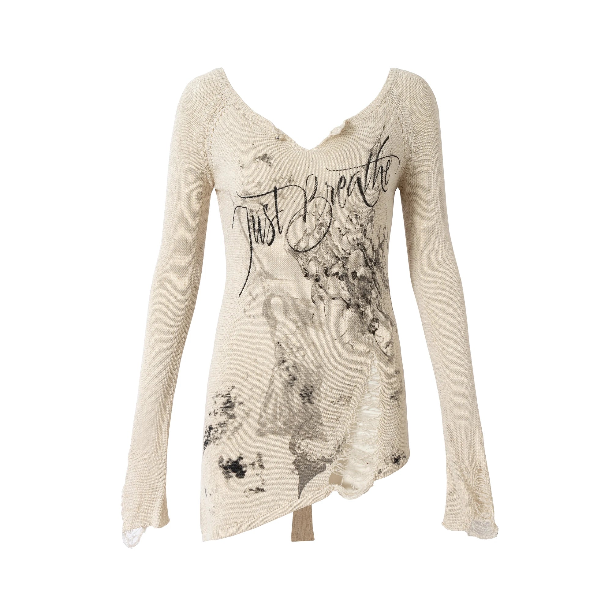 NO_ROMANCE_Reversible_Ripped_Punk_Style_V_Neck_Slim_Fit_Long_Sleeve_Women_Graphic_T-Shirt_MISSTT