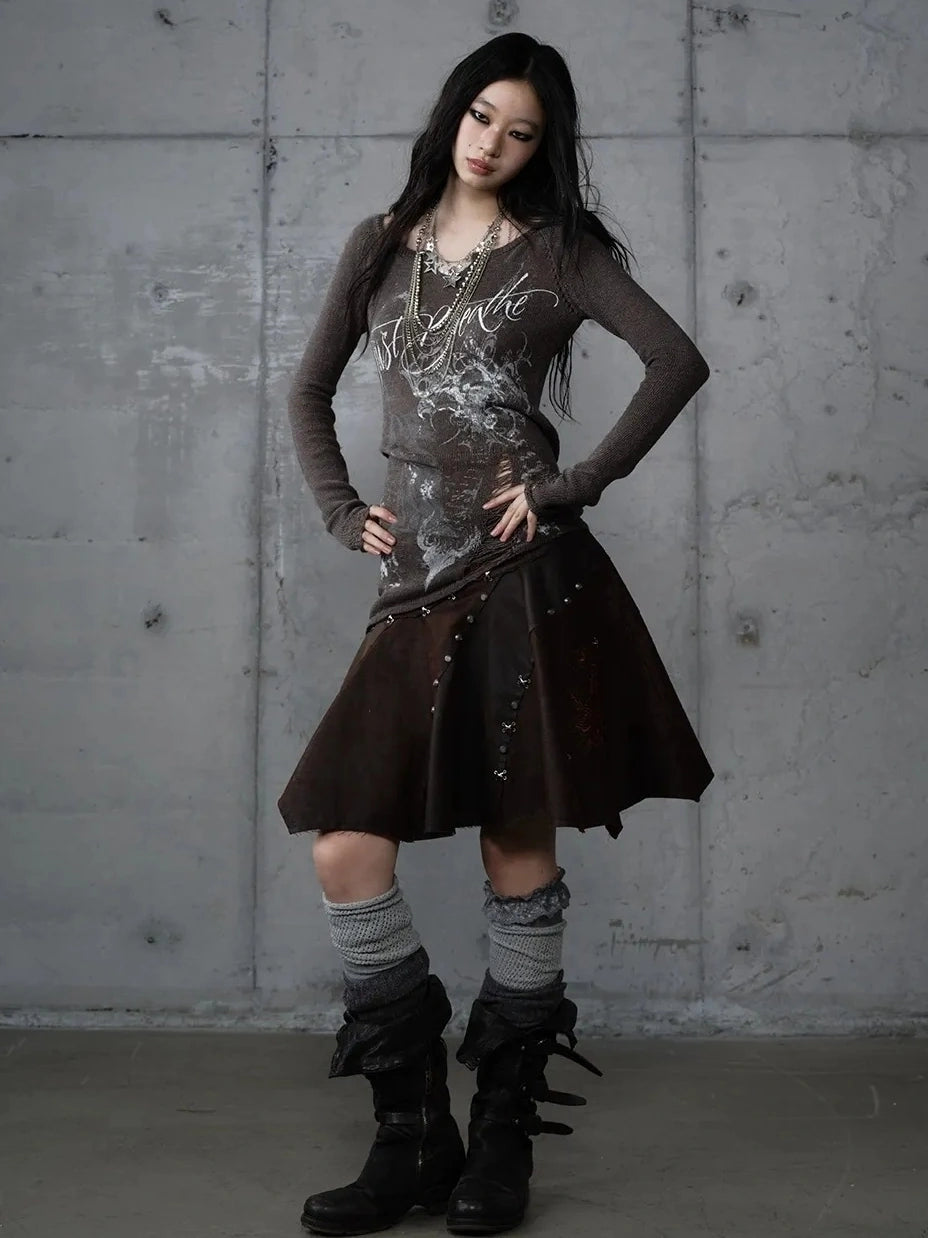 NO ROMANCE Reversible Ripped Punk Style V Neck Slim Fit Long Sleeve Women Graphic T-Shirt