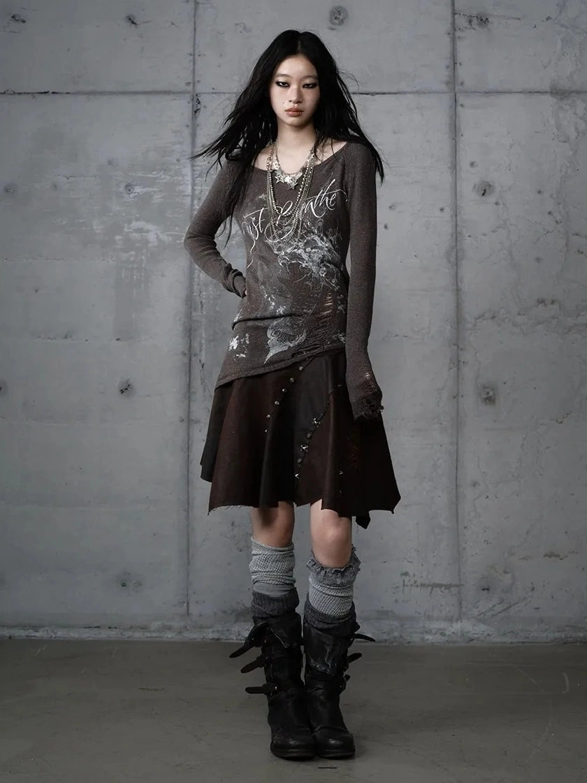 NO ROMANCE Reversible Ripped Punk Style V Neck Slim Fit Long Sleeve Women Graphic T-Shirt