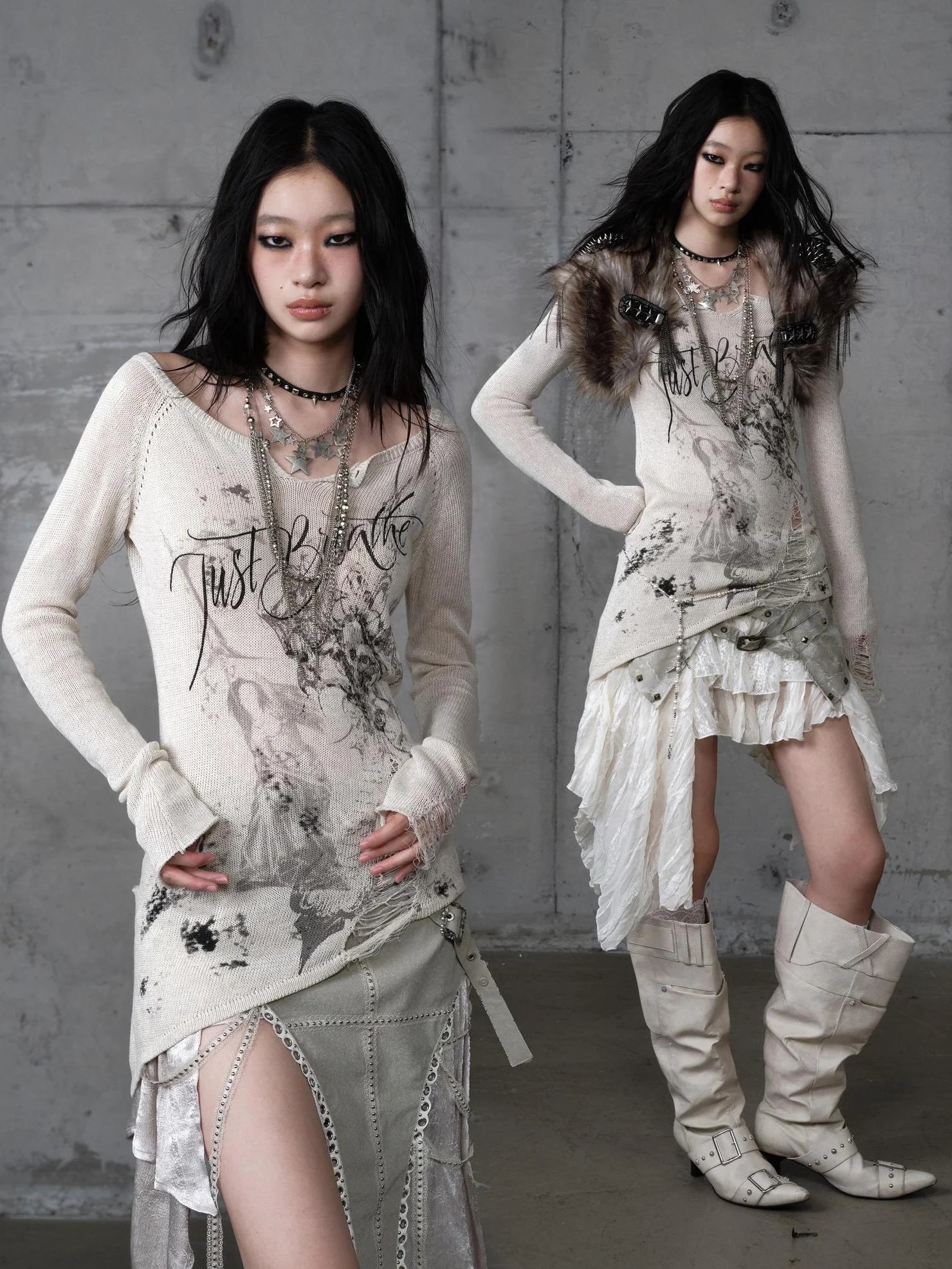 NO ROMANCE Reversible Ripped Punk Style V Neck Slim Fit Long Sleeve Women Graphic T-Shirt