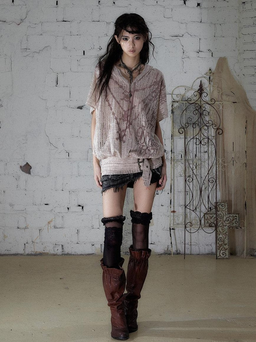 NO ROMANCE Ripped Printed Hooded Batwing Punk Women&