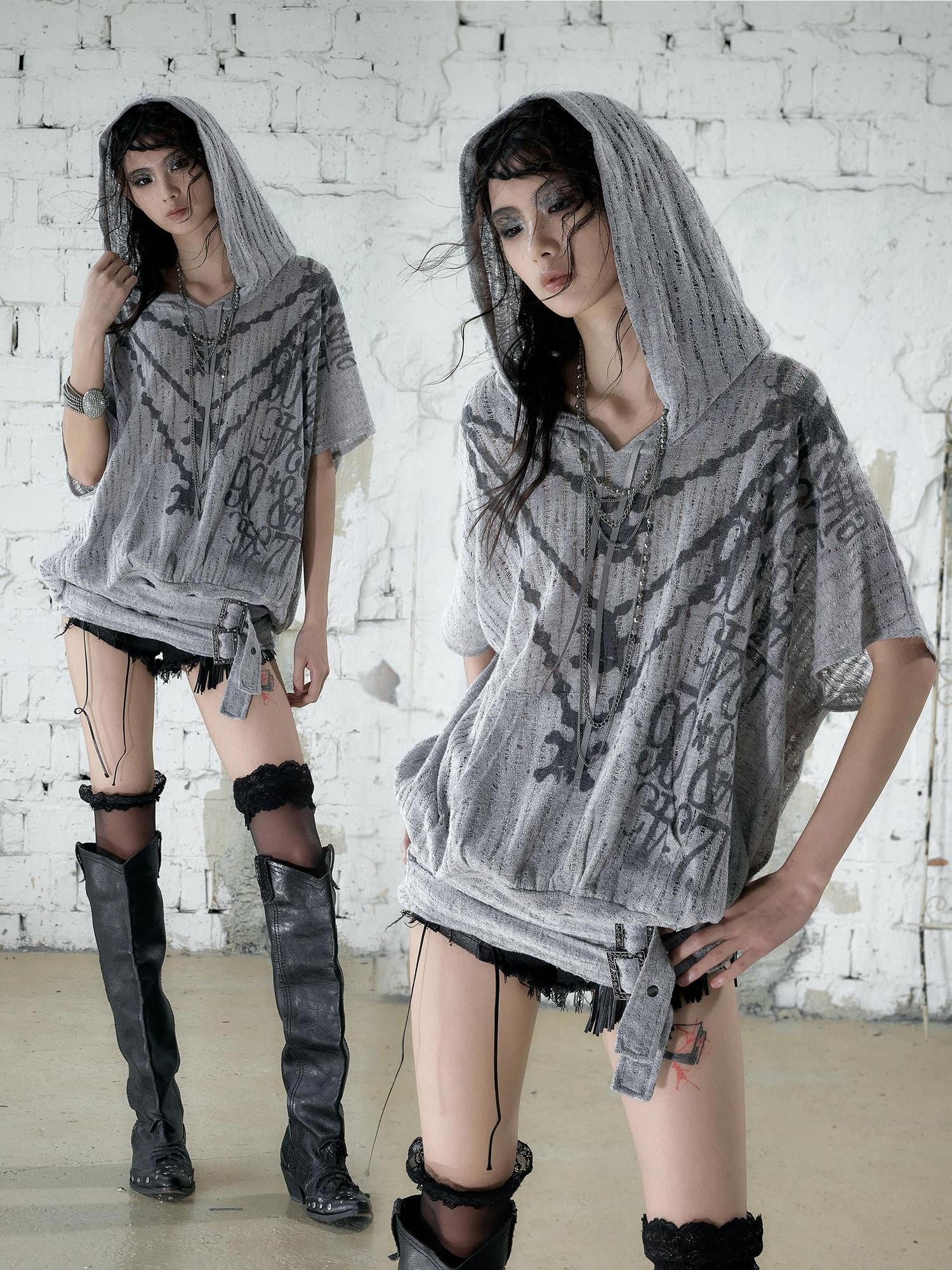 NO ROMANCE Ripped Printed Hooded Batwing Punk Women&
