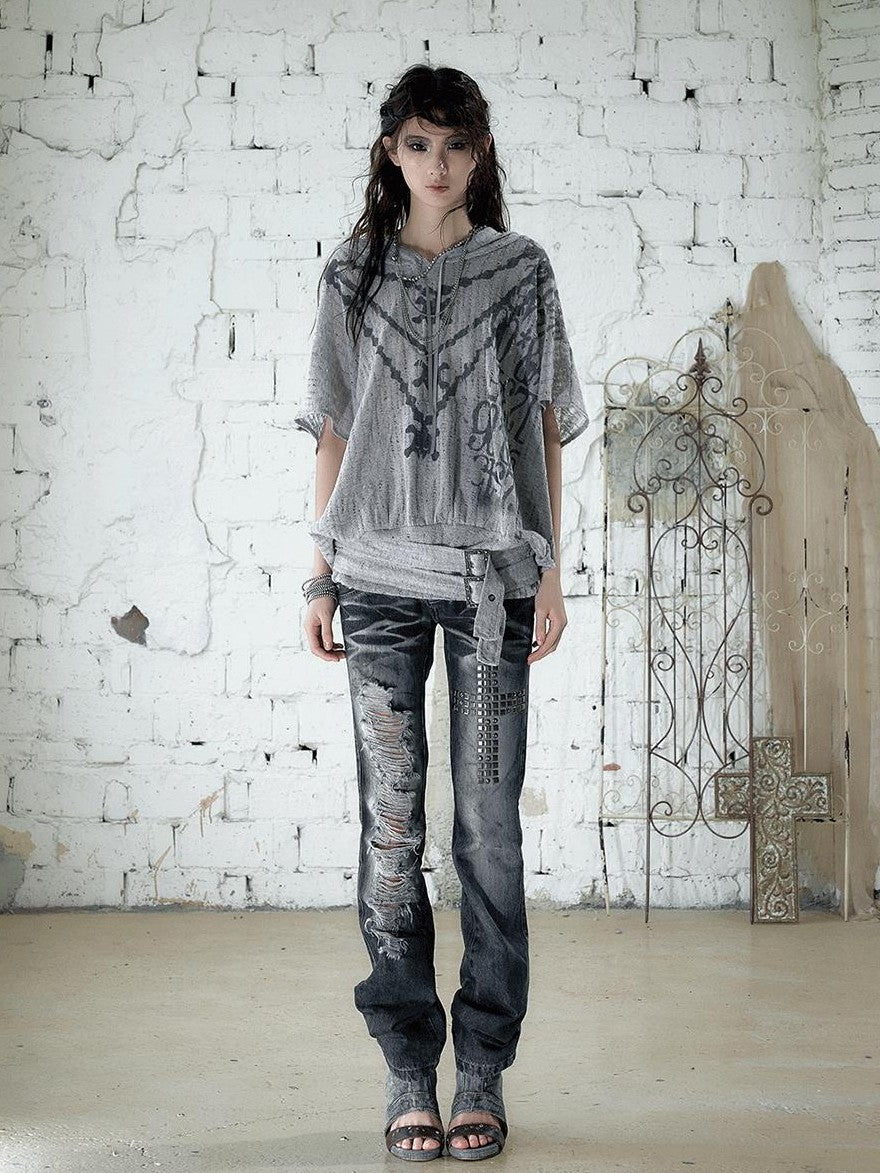 NO ROMANCE Ripped Printed Hooded Batwing Punk Women&