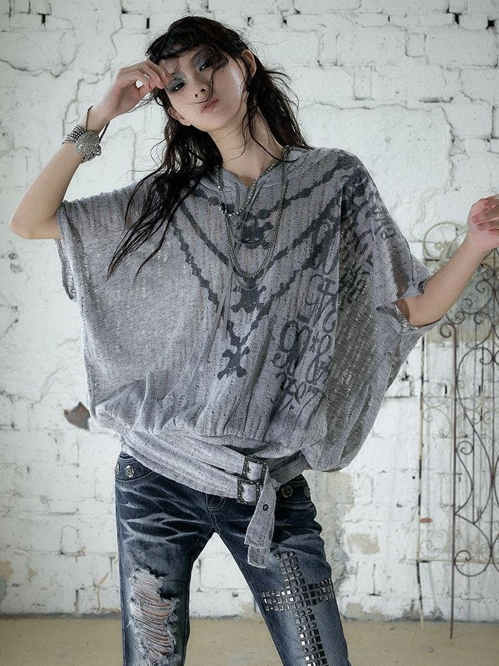 NO ROMANCE Ripped Printed Hooded Batwing Punk Women&