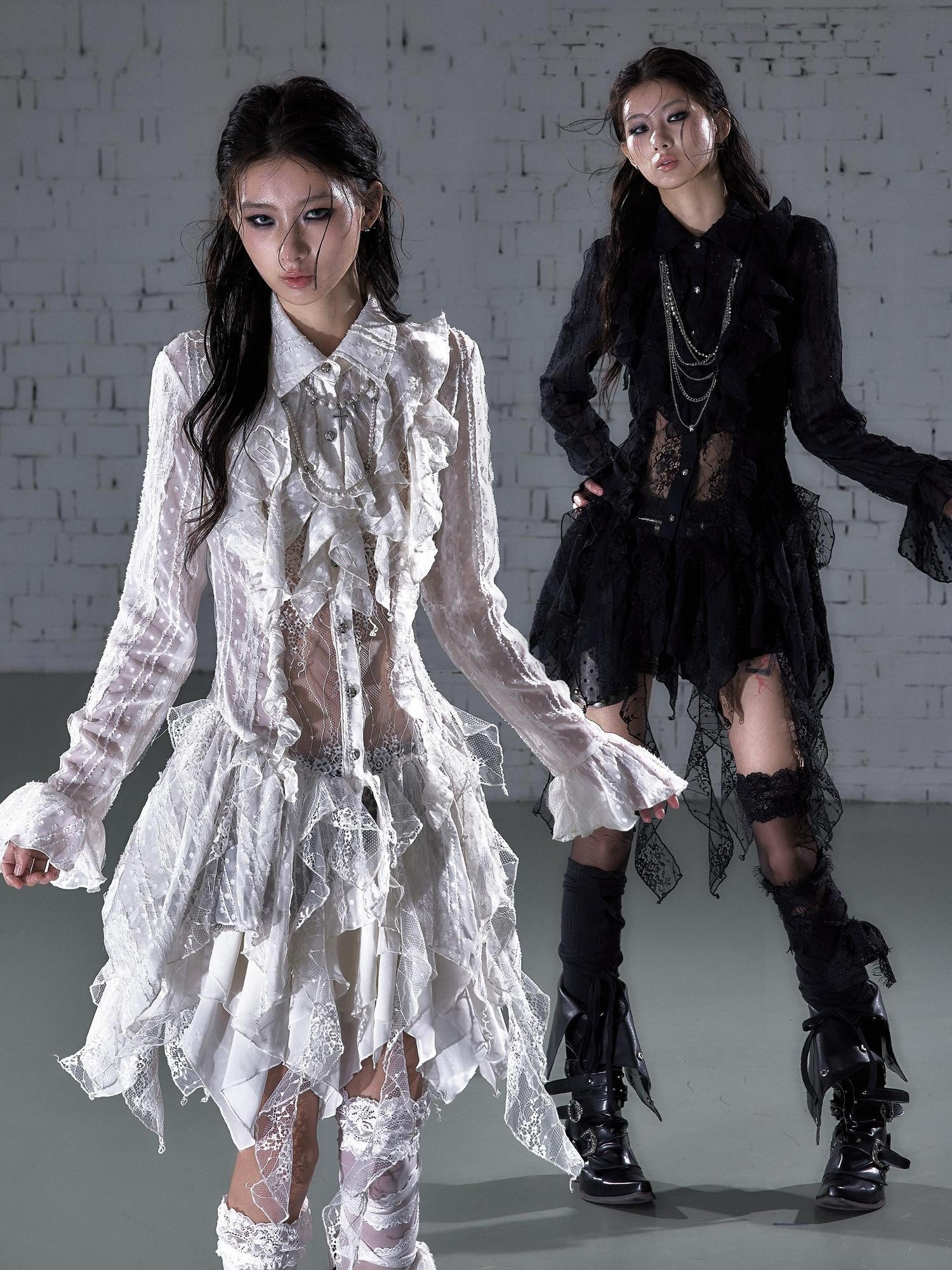 NO ROMANCE Romantic Punk Regal Lace Cutout Asymmetric Women&