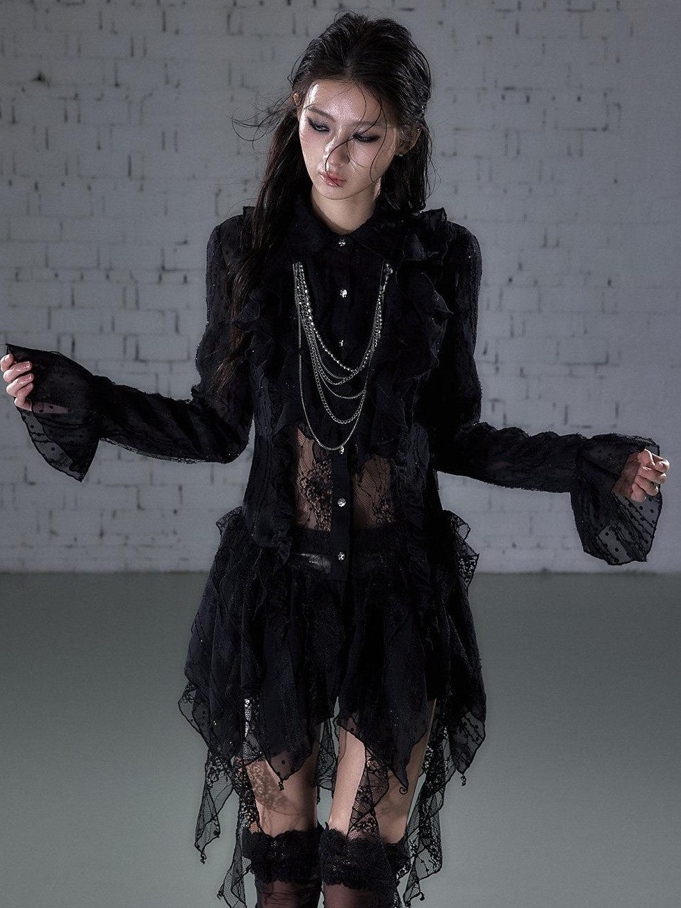 NO ROMANCE Romantic Punk Regal Lace Cutout Asymmetric Women&