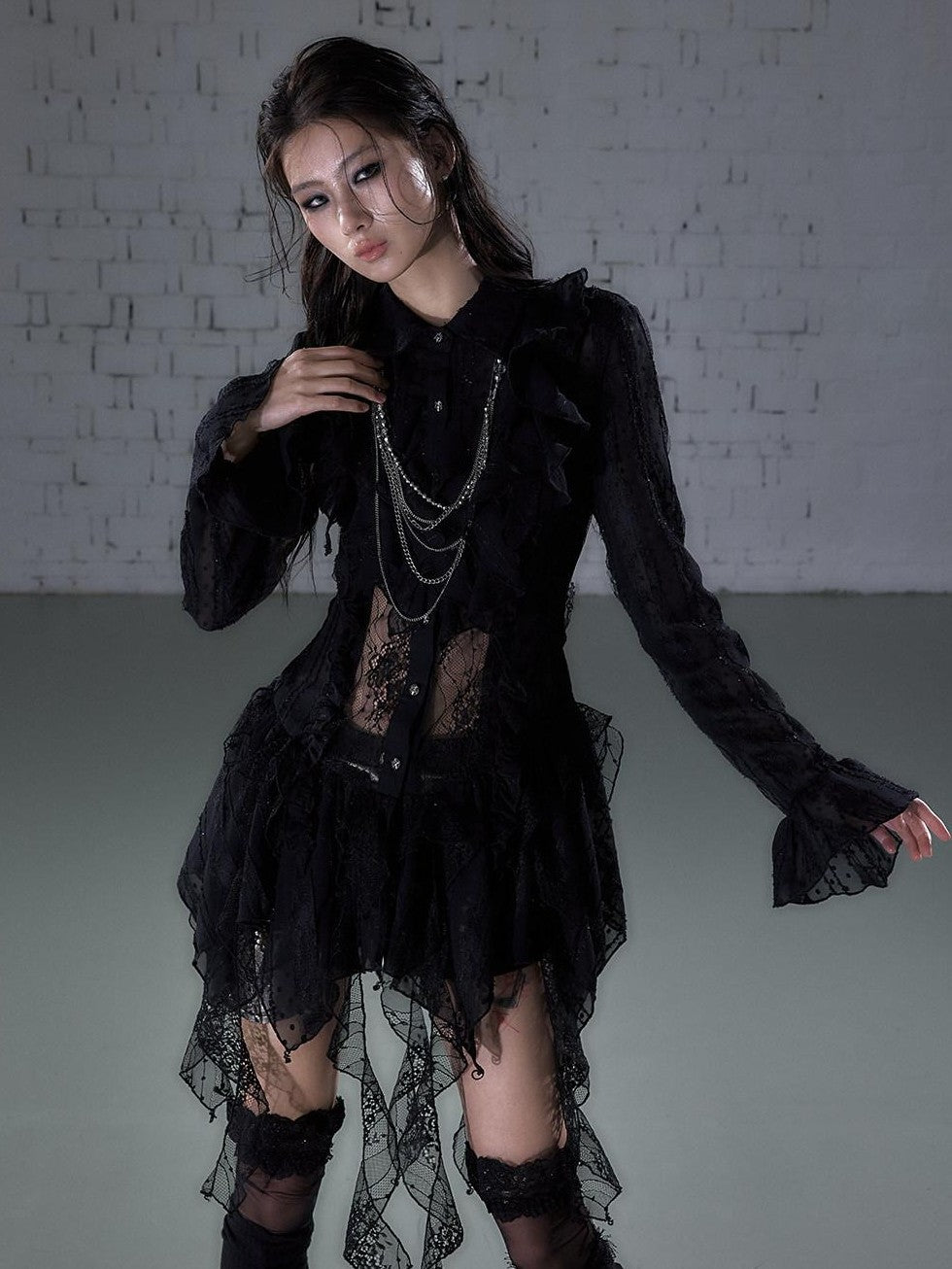 NO ROMANCE Romantic Punk Regal Lace Cutout Asymmetric Women&