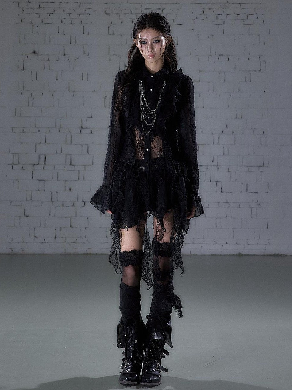 NO ROMANCE Romantic Punk Regal Lace Cutout Asymmetric Women&