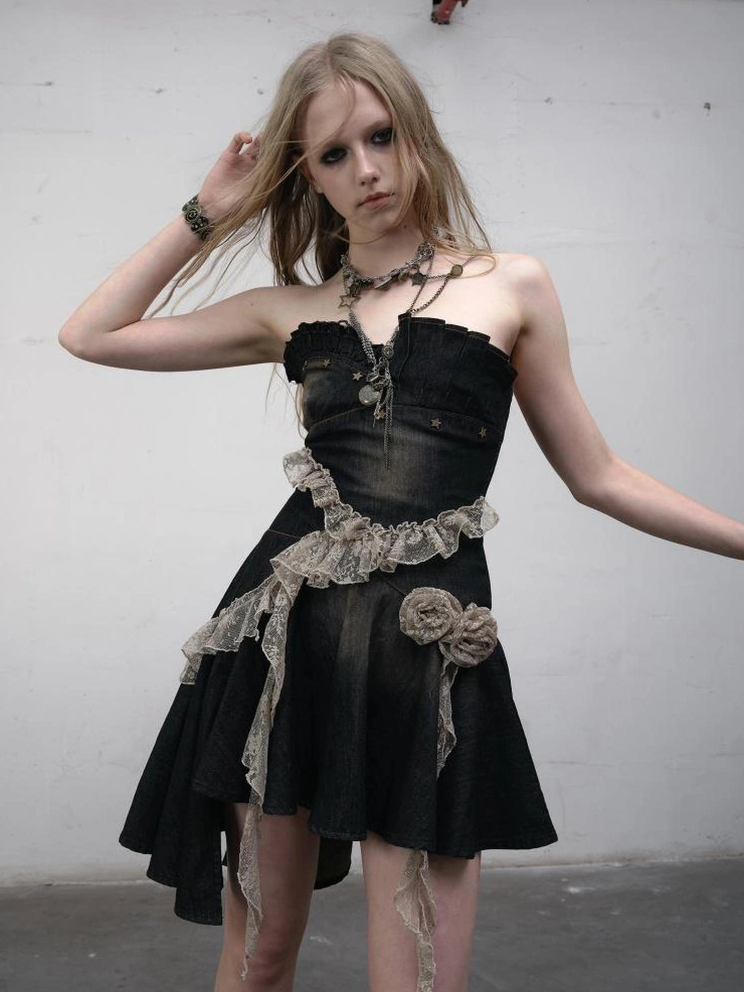 NO ROMANCE Ruched Tube Vintage Black With Clear Straps Cotton Blend Women Casual Dresses