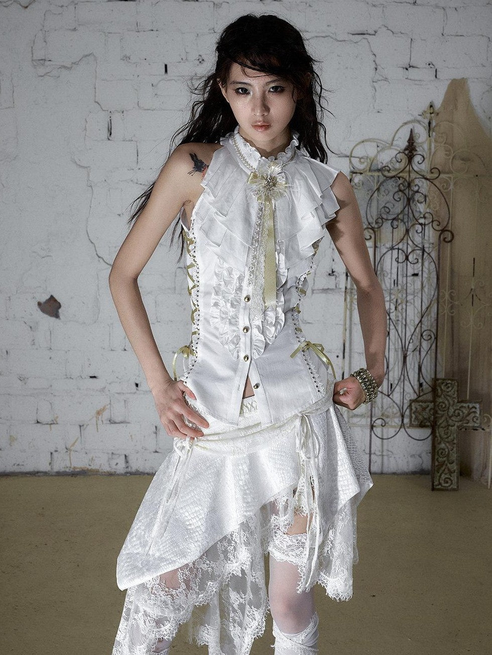 NO ROMANCE Ruffle Trim Ruffle Collar Tie Waist Slim Fit Women&