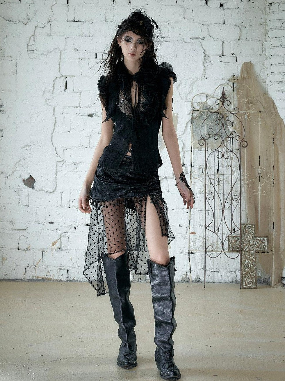 NO ROMANCE Satin Tulle Tassel Asymmetric Faux Layered Slit Women&