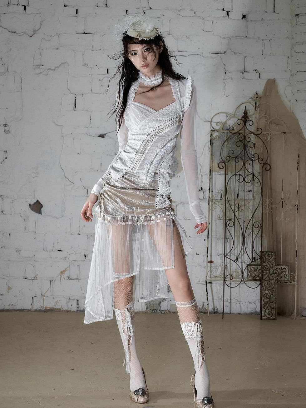 NO ROMANCE Satin Tulle Tassel Asymmetric Faux Layered Slit Women&