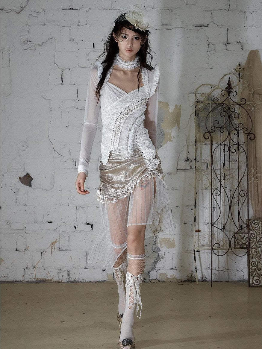 NO ROMANCE Satin Tulle Tassel Asymmetric Faux Layered Slit Women&