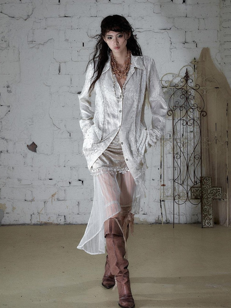 NO ROMANCE Satin Tulle Tassel Asymmetric Faux Layered Slit Women&