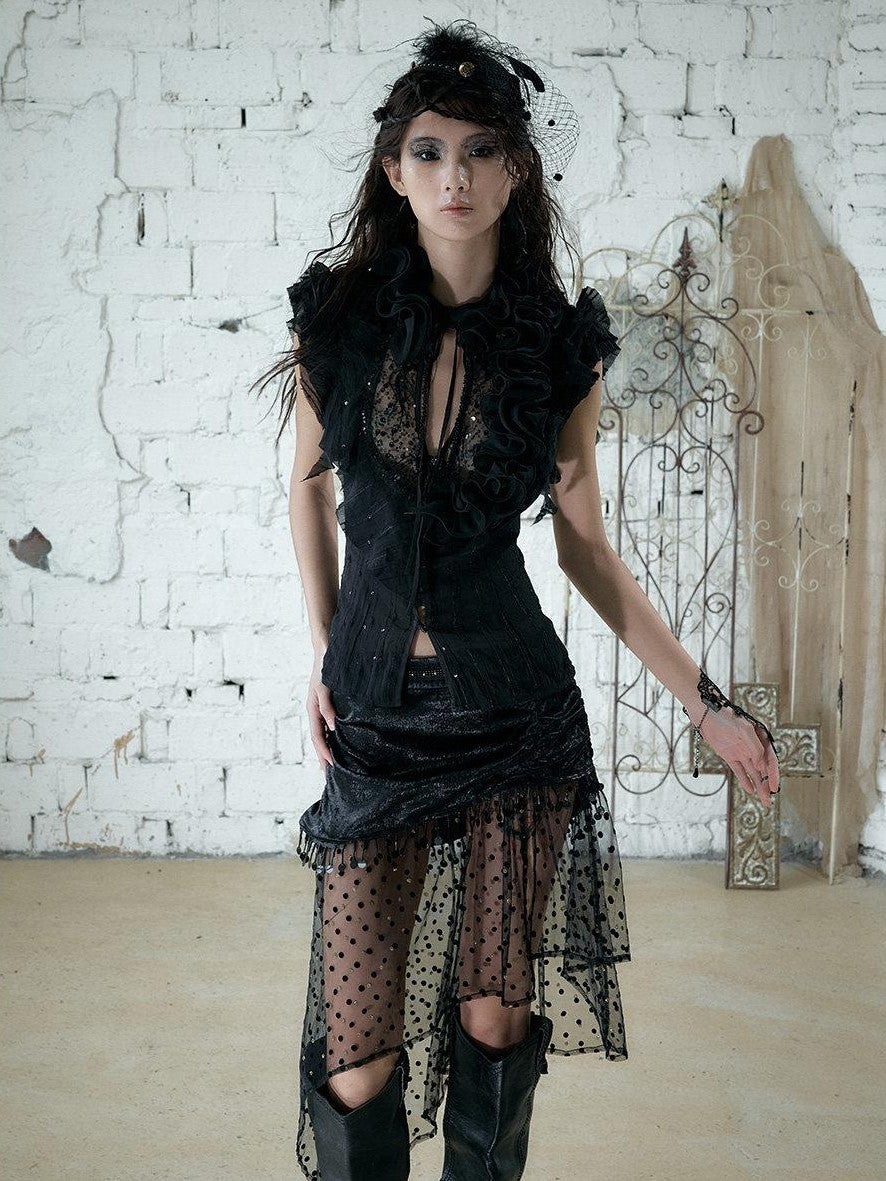 NO ROMANCE Satin Tulle Tassel Asymmetric Faux Layered Slit Women&