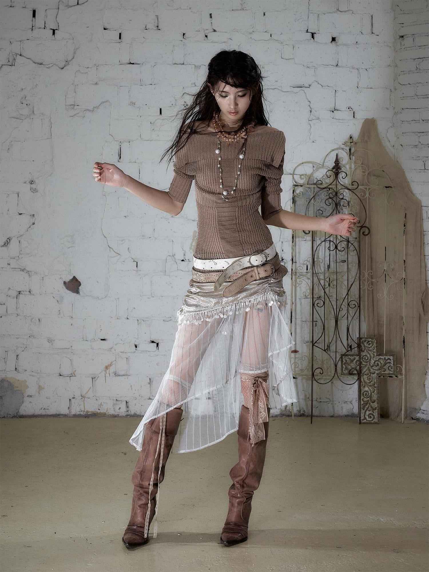 NO ROMANCE Satin Tulle Tassel Asymmetric Faux Layered Slit Women&