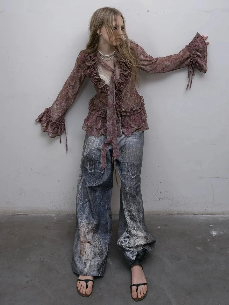 NO ROMANCE Shape Retaining Lightweight Bell Sleeve Slim Fit Lavender Women Blouse