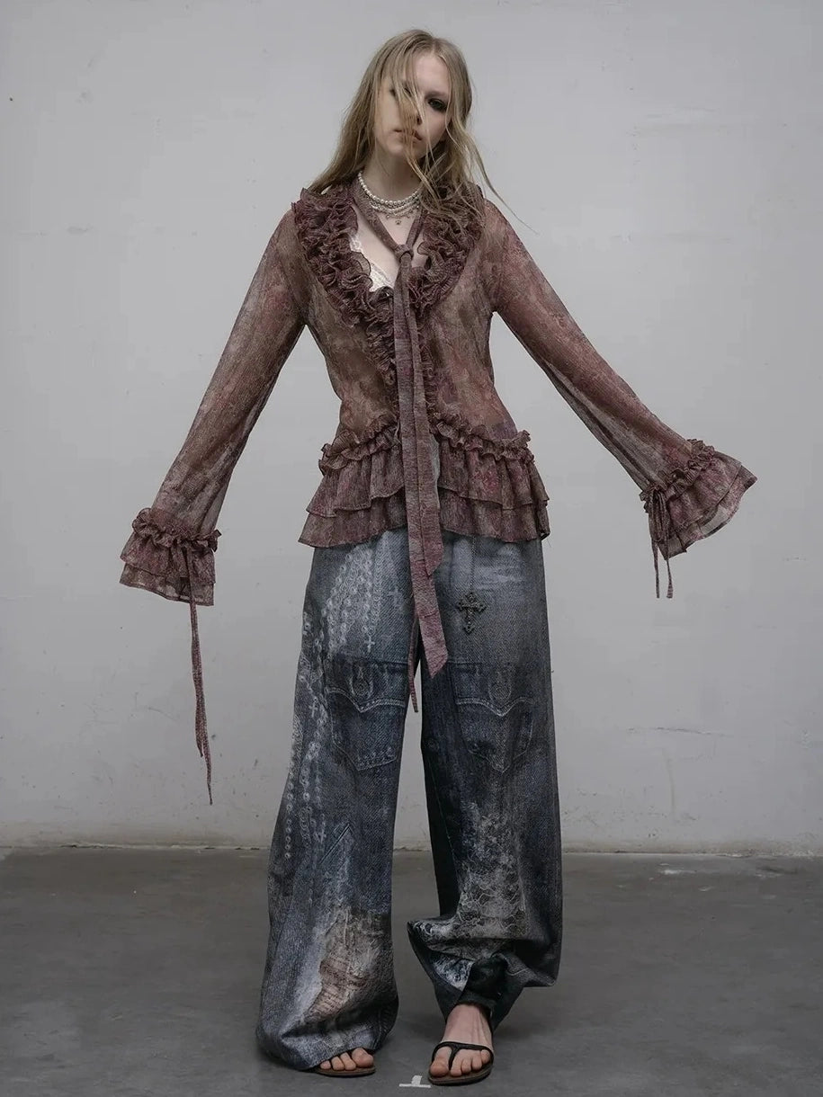 NO ROMANCE Shape Retaining Lightweight Bell Sleeve Slim Fit Lavender Women Blouse