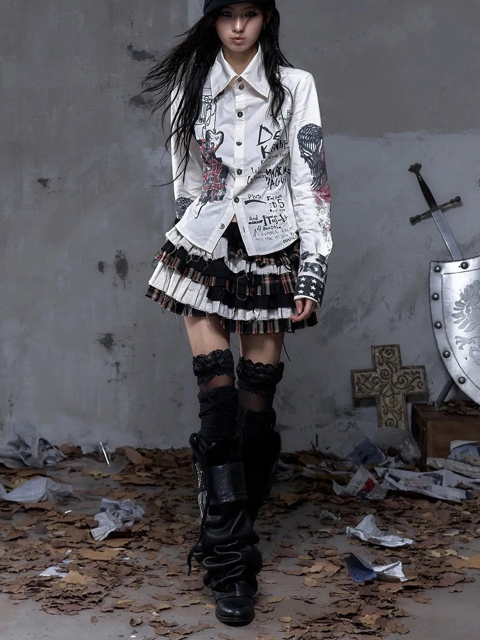 NO ROMANCE Shape Retaining Pure Cotton Gothic Print Slim Fit Long Sleeve Collar Women Shirt