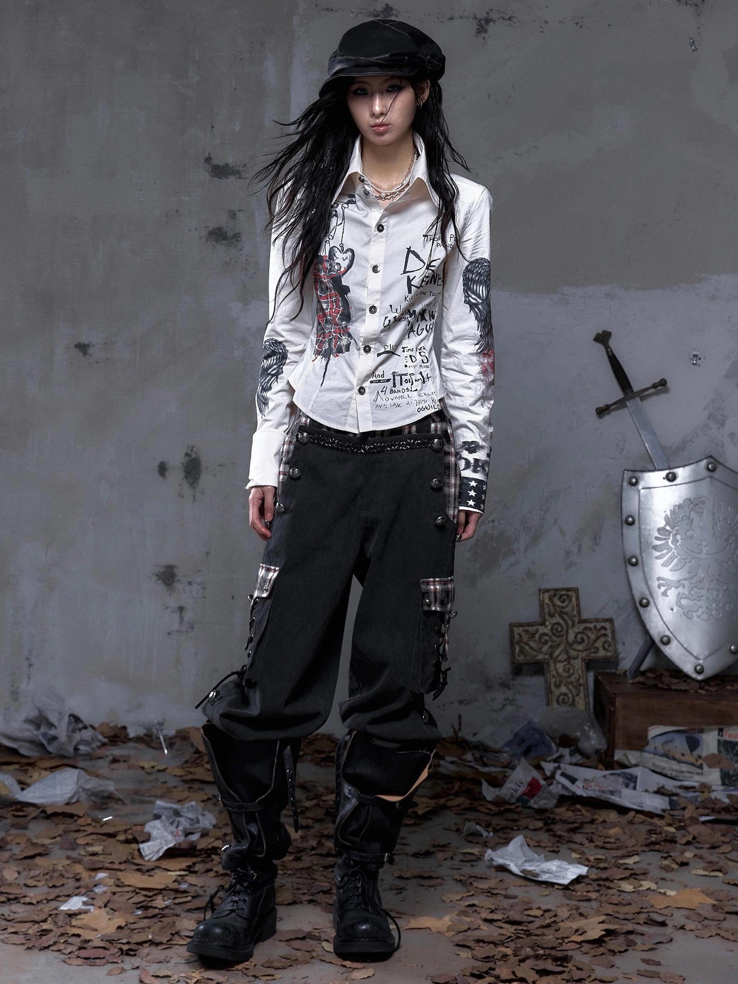 NO ROMANCE Shape Retaining Pure Cotton Gothic Print Slim Fit Long Sleeve Collar Women Shirt