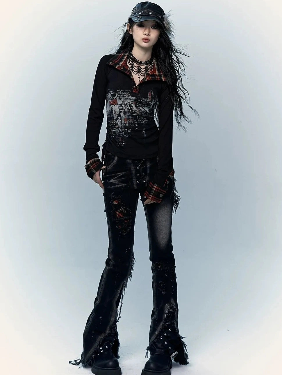 NO ROMANCE Shape Retaining Stretch Slim Low Rise Plaid Distressed Black Women Casual Jeans