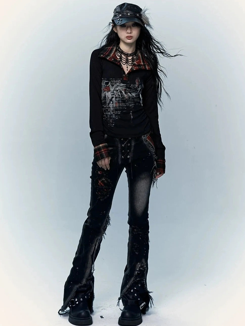 NO ROMANCE Shape Retaining Stretch Slim Low Rise Plaid Distressed Black Women Casual Jeans