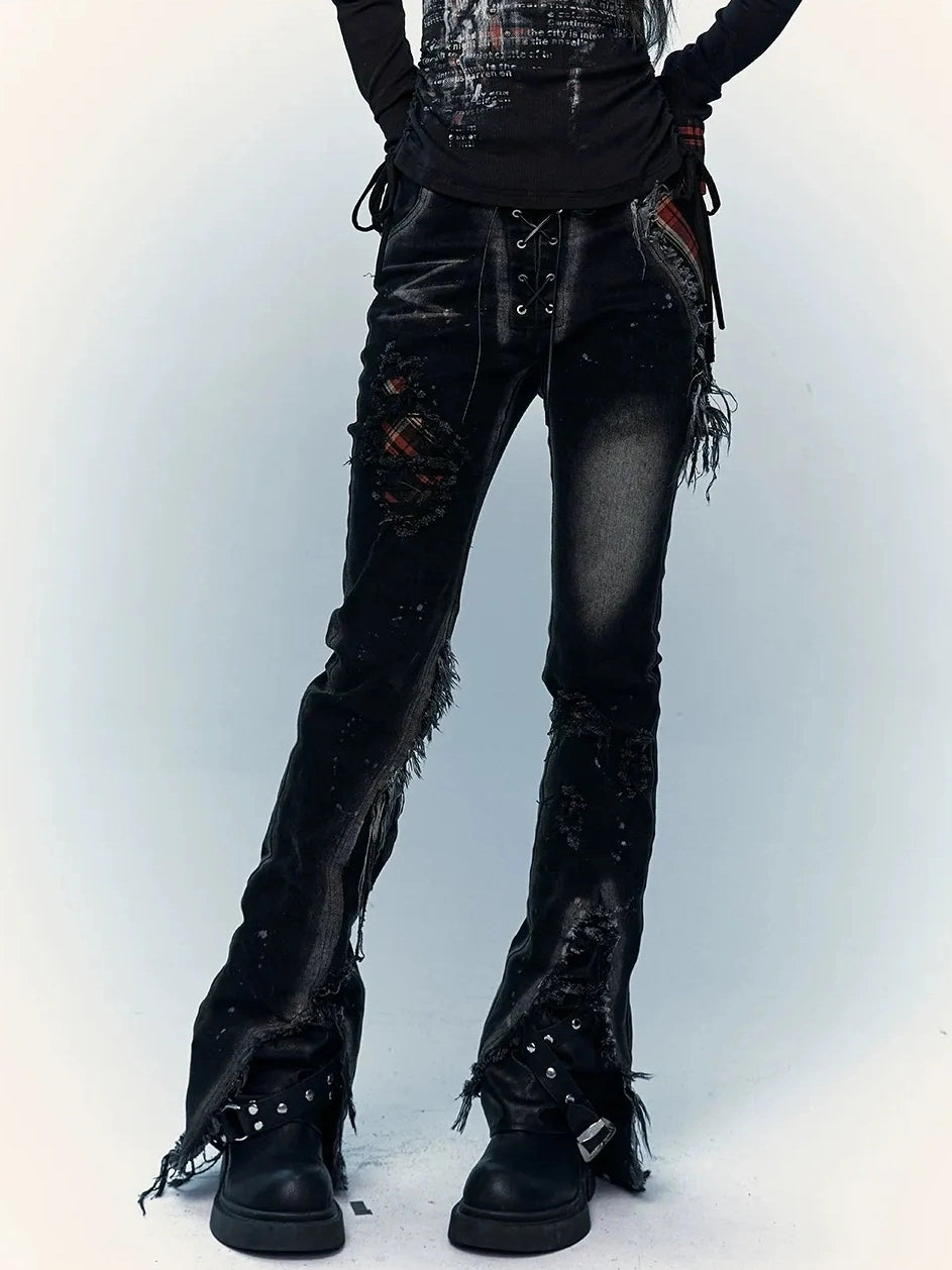 NO ROMANCE Shape Retaining Stretch Slim Low Rise Plaid Distressed Black Women Casual Jeans