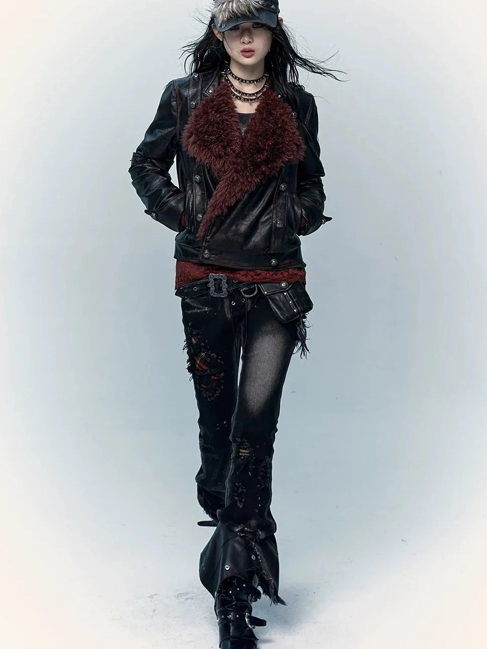 NO ROMANCE Shape Retaining Stretch Slim Low Rise Plaid Distressed Black Women Casual Jeans