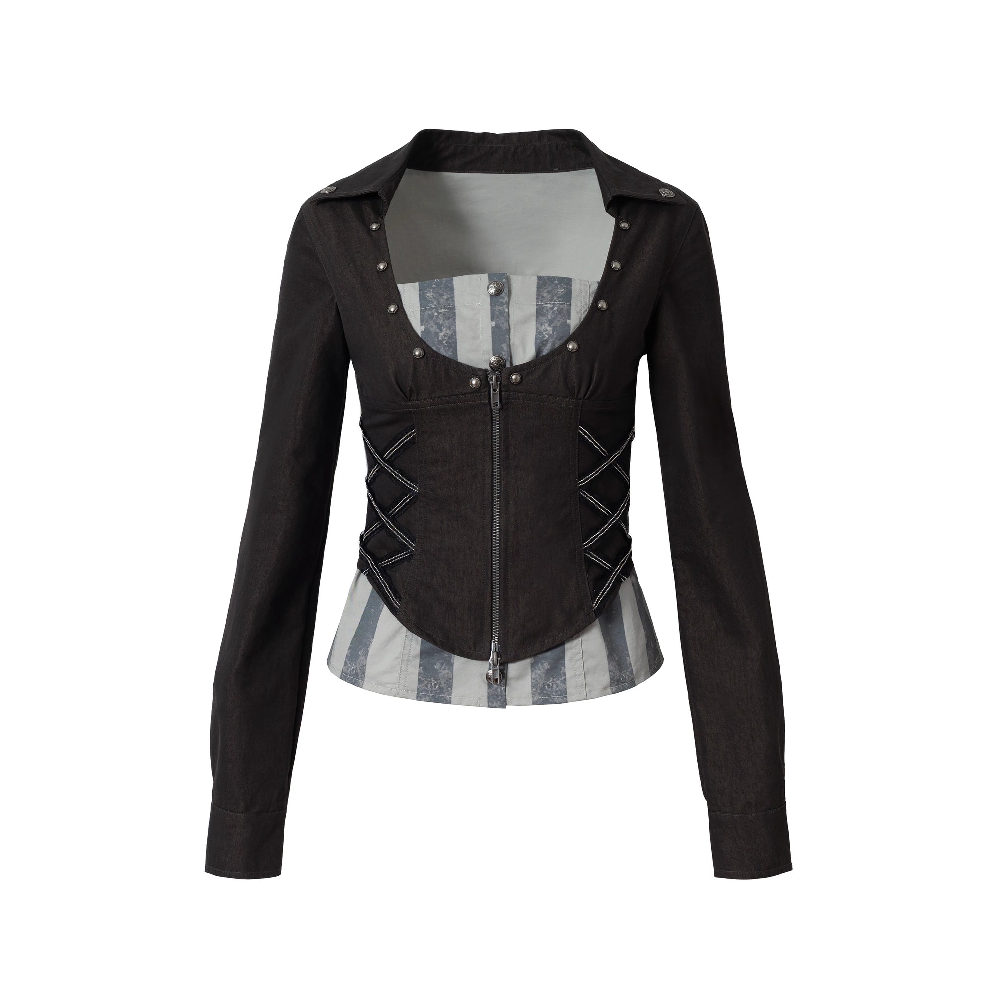 NO_ROMANCE_Shape_Retention_Slim_Fit_Zip_Front_Printed_Original_Design_Long_Sleeve_Women_Black_Blouse_MISSTT