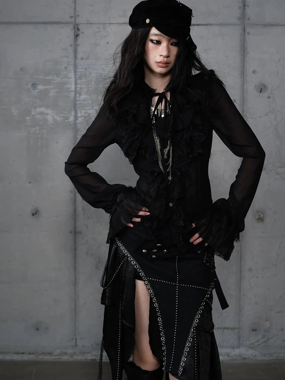 NO ROMANCE Slim Fit Chiffon Ruffle Stand Collar Open Cuffs Long Sleeve Vintage Women Blouse