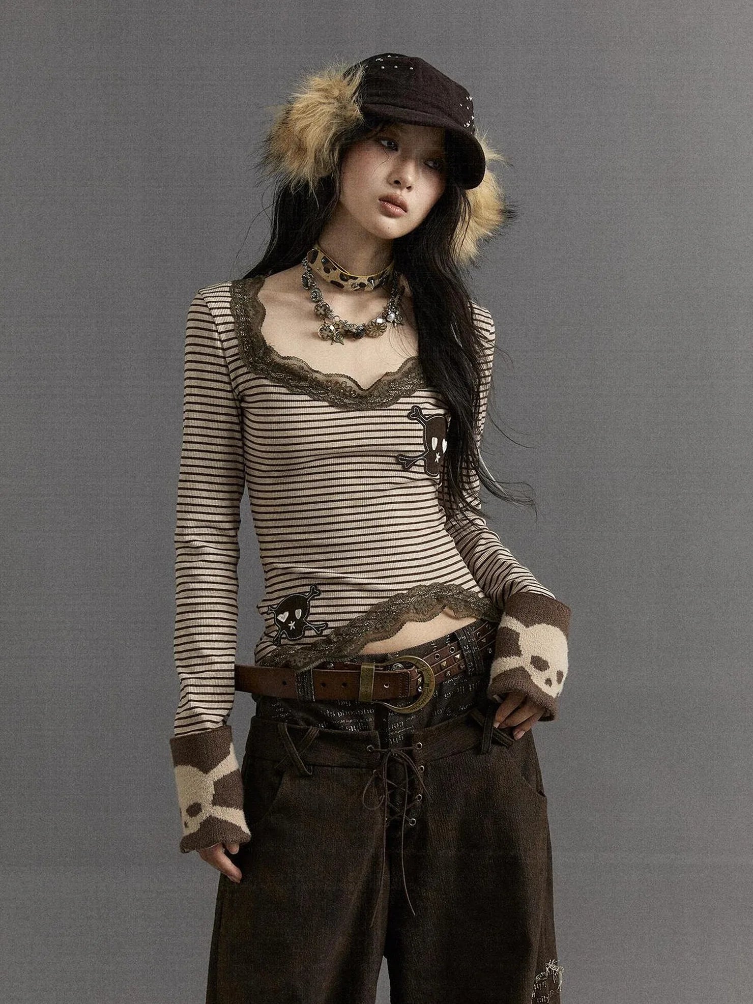 NO ROMANCE Slim V Neck Striped Punk Knit Long Sleeve Women Cotton Stretch T-Shirt