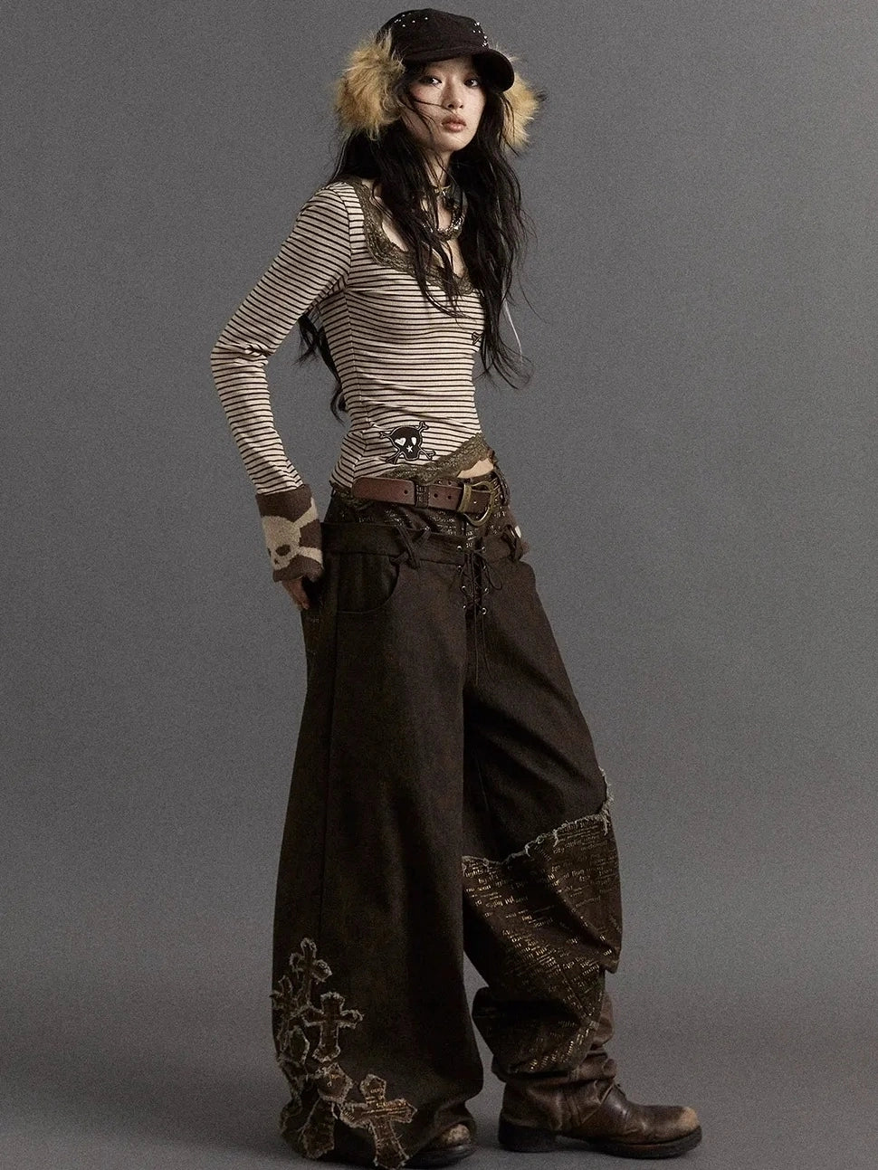 NO ROMANCE Slim V Neck Striped Punk Knit Long Sleeve Women Cotton Stretch T-Shirt