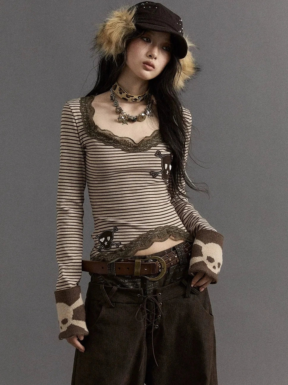 NO ROMANCE Slim V Neck Striped Punk Knit Long Sleeve Women Cotton Stretch T-Shirt