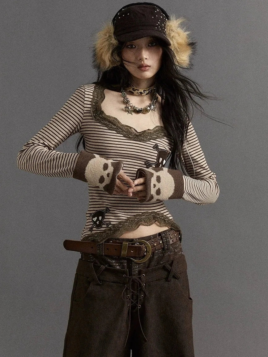 NO ROMANCE Slim V Neck Striped Punk Knit Long Sleeve Women Cotton Stretch T-Shirt